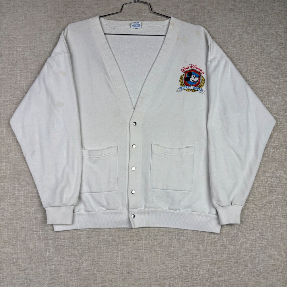 Vintage Walt Disney Mickey Mouse Cardigan Sweatshirt White Mens XL Made in USA